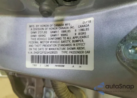 2018 Honda Civic Lx z USA, uszkodzony, nr VIN 2HGFC2F52JH528525